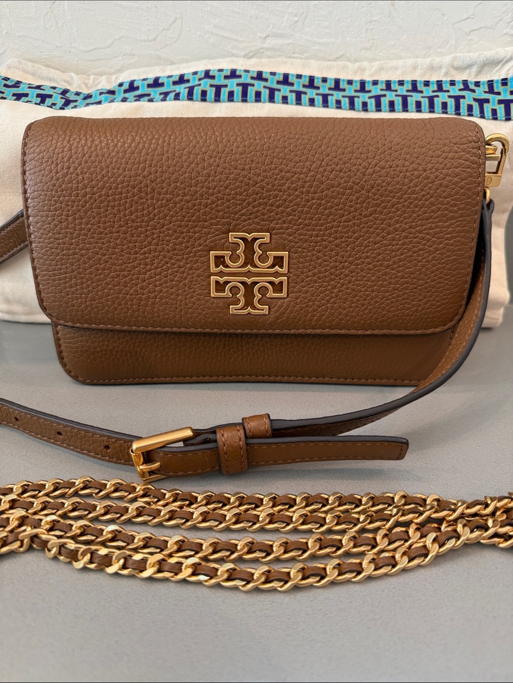 Tory Burch Britten Convertible Crossbody Leather Bag Tan